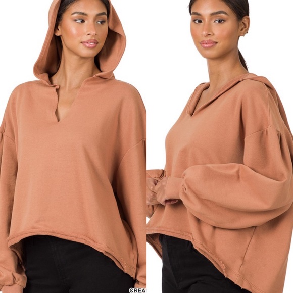 🆕Hi low French terry hoodie in cream mocha - Picture 1 of 3